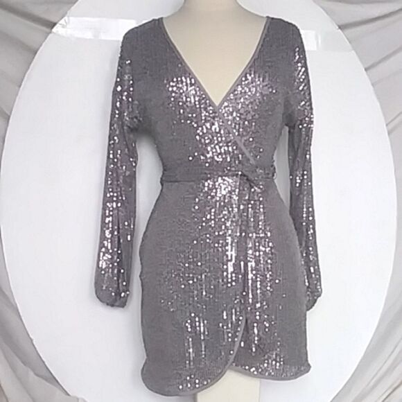 Silver Sequins Mock Wrap Mini Dress Cocktail Long Sleeve New with Tags size S - Picture 1 of 12